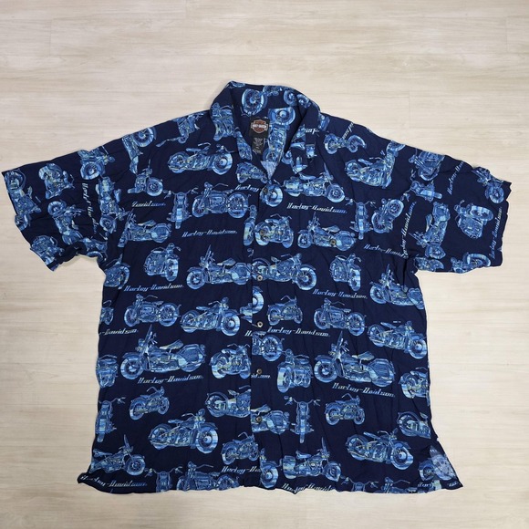 Harley-Davidson Shirt Mens 2XL Navy‎ Blue Hawaiian Aloha Camp Button Up Made USA